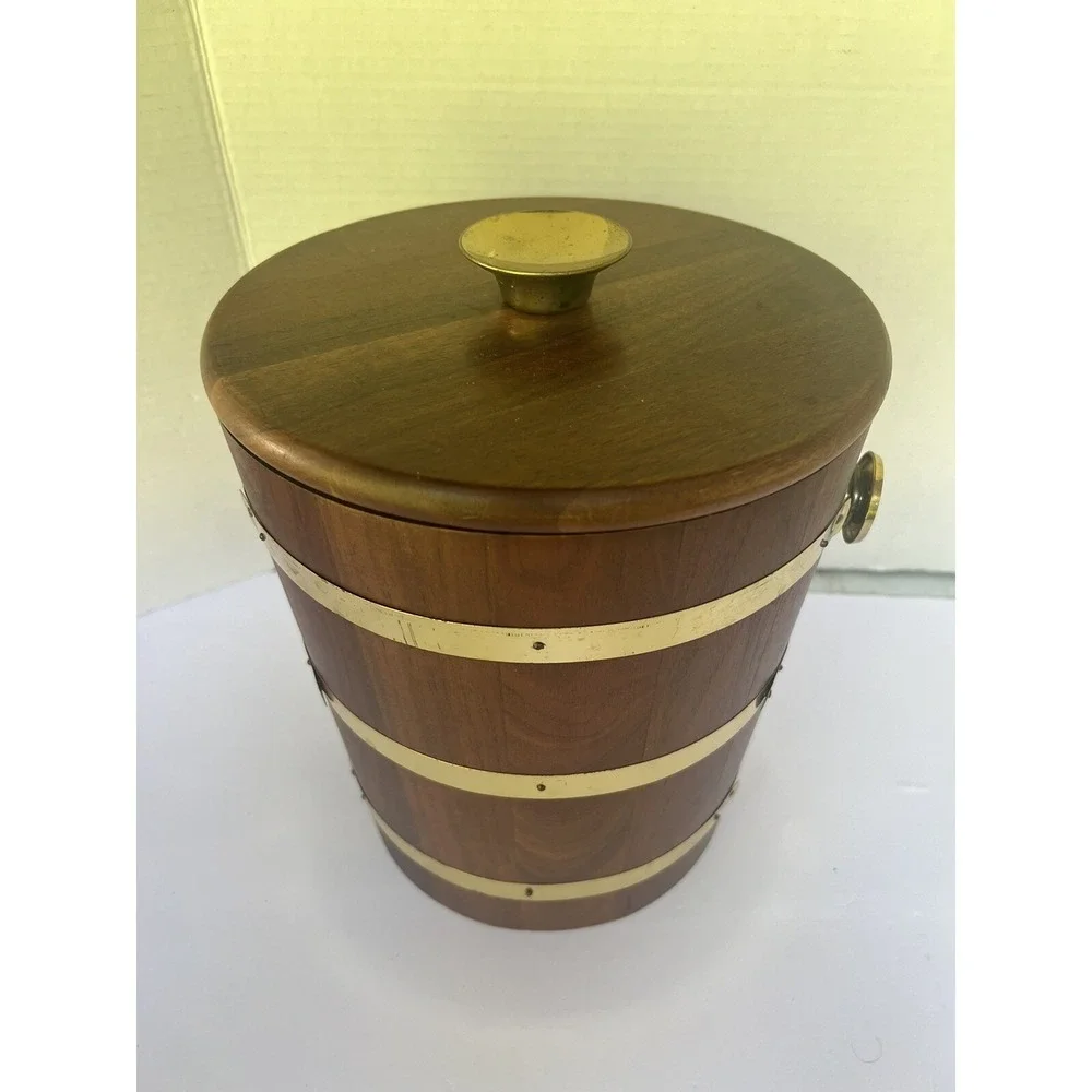 Ice Bucket Walnut Wood Vermillion Brass Vintage liner bucket‎  MCM